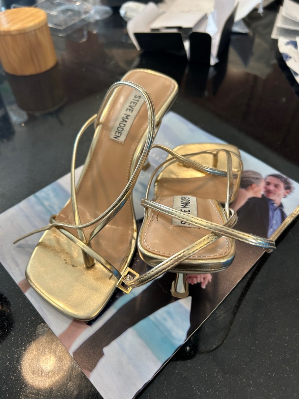 Steve Madden Annie Metallic Gold Strappy Square-Toe Heels size 6